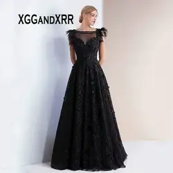Новое роскошное черное кружевное вечернее платье с вышивкой трапециевидной формы 2020, элегантные вечерние платья с бисером на плече