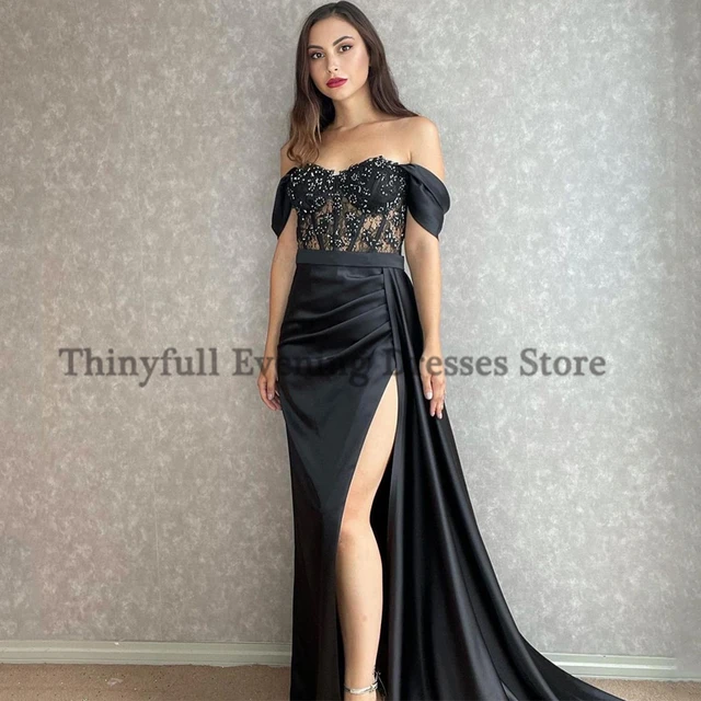 Thinyfull Sexy Prom Evening Dresses Off Shoulder Appliques Party Dress High Split Floor Length Cocktail Gowns Saudi Arabia Dubai Black