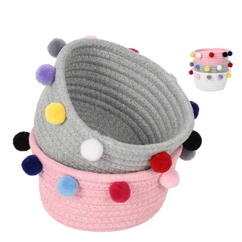 

Foldable Round Storage Basket with Pompom Desktop Snack Dirty Clothes Office Sundries Handmade Cotton Hamper Woven Baskets