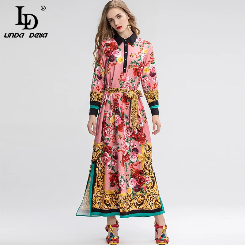 

LD LINDA DELLA Spring Fashion Runway Loose Maxi Dress Women's Belted Charming Floral Print Split Vacation Party Long Dress robe