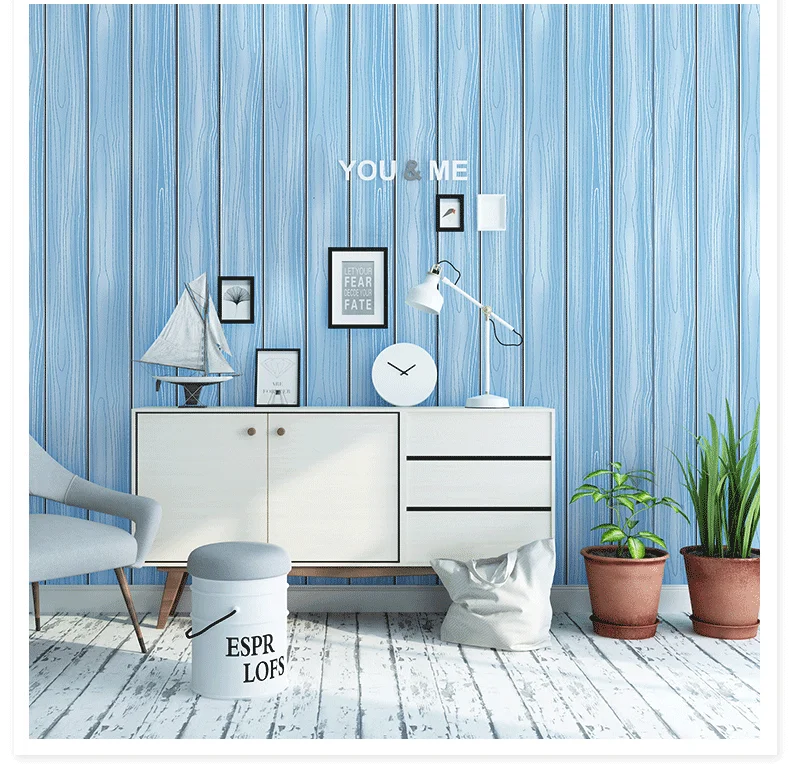 Good quality Mediterranean Nordic style wallpaper living room bedroom non-woven clothing store blue striped wood grain wallpaper