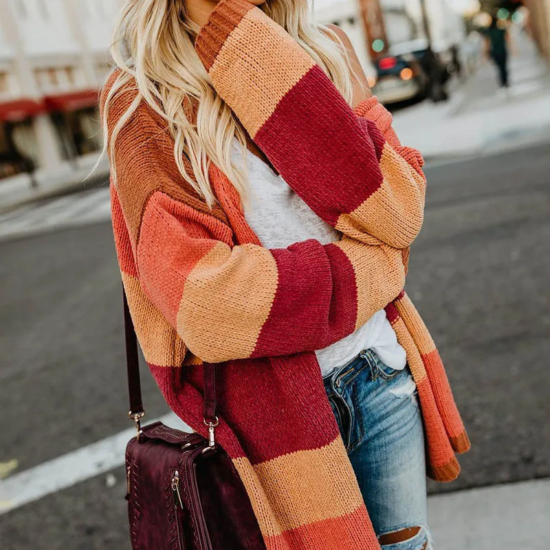 

Autumn Winter Rainbow Cardigan Women Casual Long Striped Feminino Color Block Knitted Sweater Cardigan Female Christmas Coat