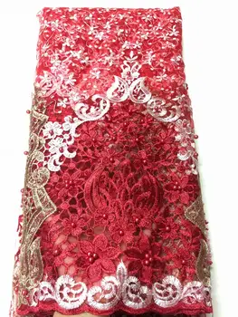 

French Lace Fabric red+pink Beaded African Lace Fabric 2019 High Quality Lace Embroidered Fabric for Nigerian Wedding Dress YJ