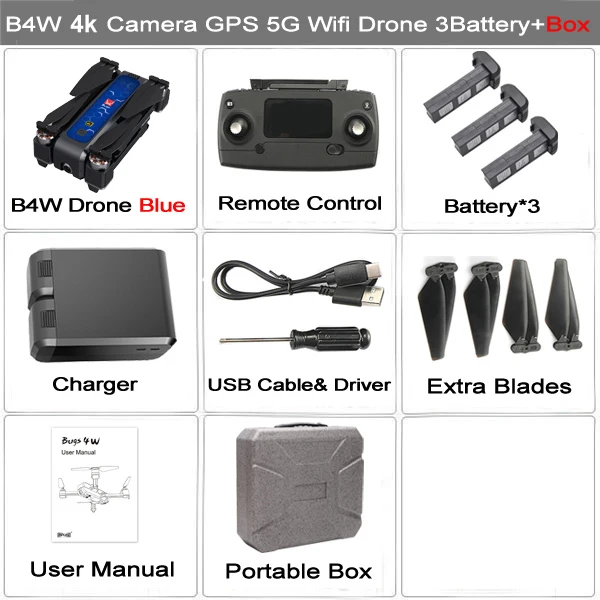 MJX Bugs 4W B4W Real 4K FHD камера 5G wifi gps бесщеточный складной Дрон анти-встряхивание 1,6 км 20 минут оптический поток RC Квадрокоптер - Цвет: B4W Blue 4K 3B Case