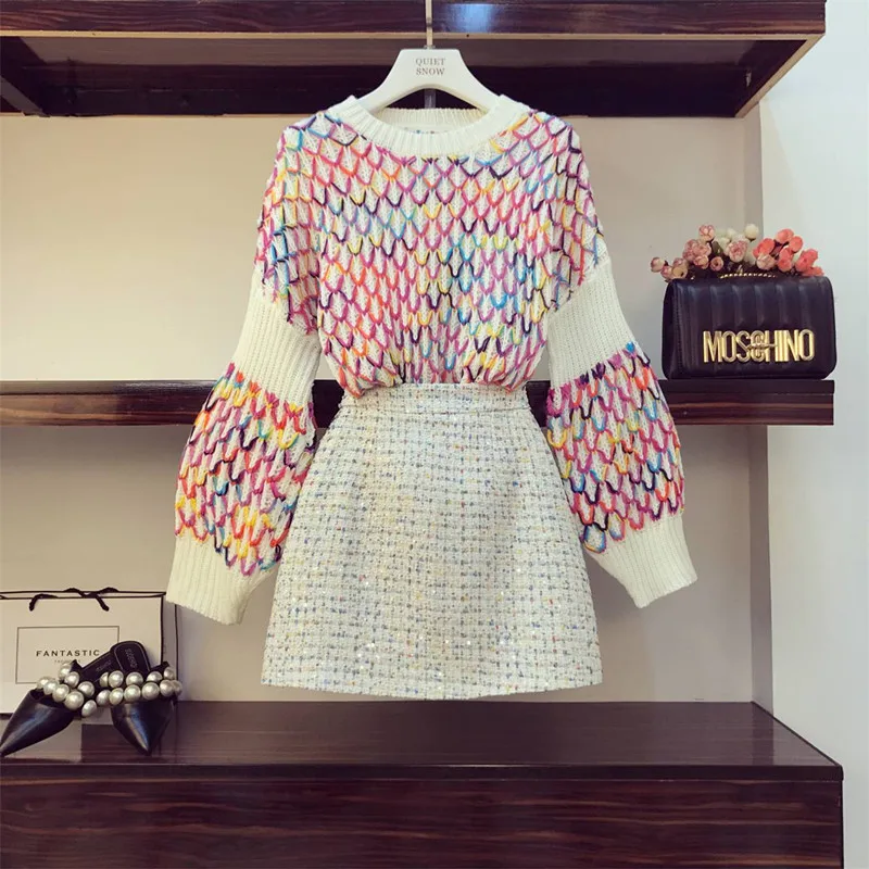 

2019 Autumn Winter Women Multicolor Rainbow Diamond Pattern Loose Pullover Sweater + Tweed Mini Skirt Set Two Piece Girl Outfits