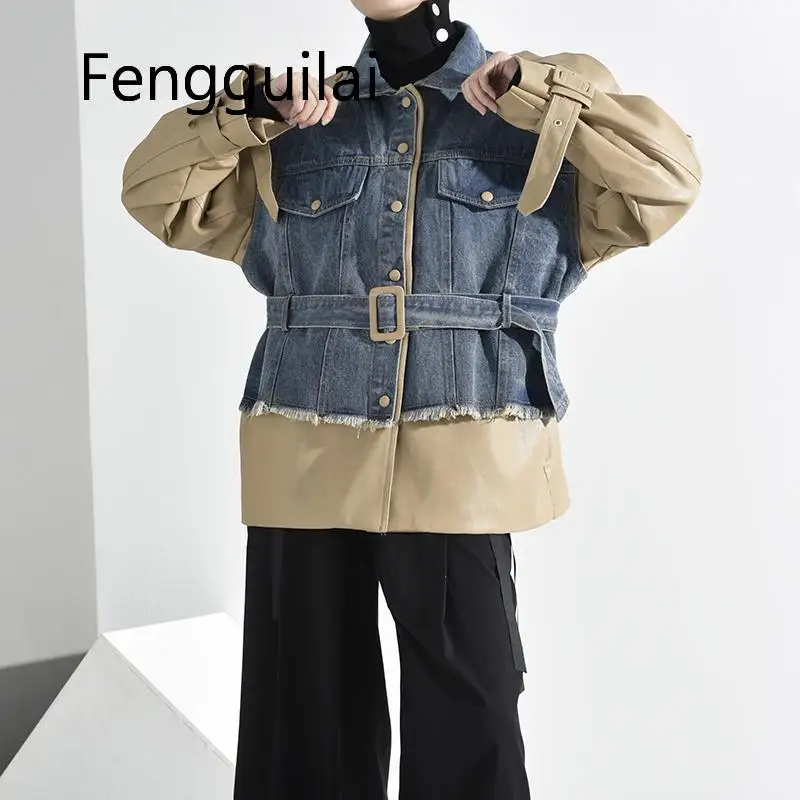 FENGGUILAI, свободный крой, хаки, деним, бандаж, большой размер, куртка, новинка, с отворотом, длинный рукав, Женское пальто, модное, Осень-зима, черное