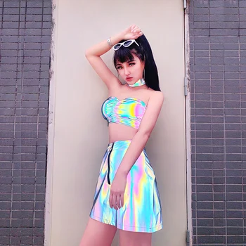 

Girl Bar DS Dance Costumes Sexy Bottoming Small Vest Reflective A-line Skirt Hip-hop High Waist Short Skirt Suit