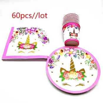

60Pcs New Unicorn Theme Kids Girl Birthday Party Tableware Cup Plate Napkins Baby Shower Decoration For Family Party Supplies