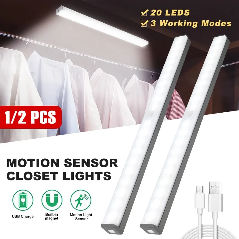 

1/2 Pcs 20 LED Motion Sensor Closet Lights Under Cabinet Lights USB Rechargeable Portable for Closet Cabinet Wardrobe Stair Step