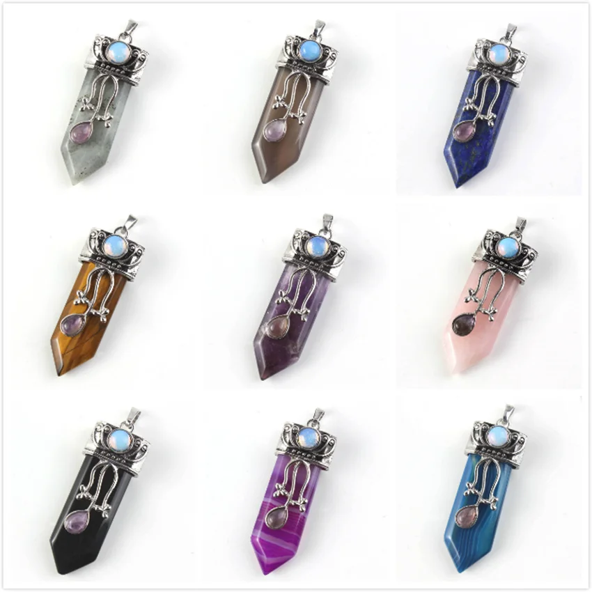 FYJS Unique Silver Plated Flower Sword Shape Amethysts Pendant Vintage Style Tiger Eye Stone Jewelry | Украшения и аксессуары