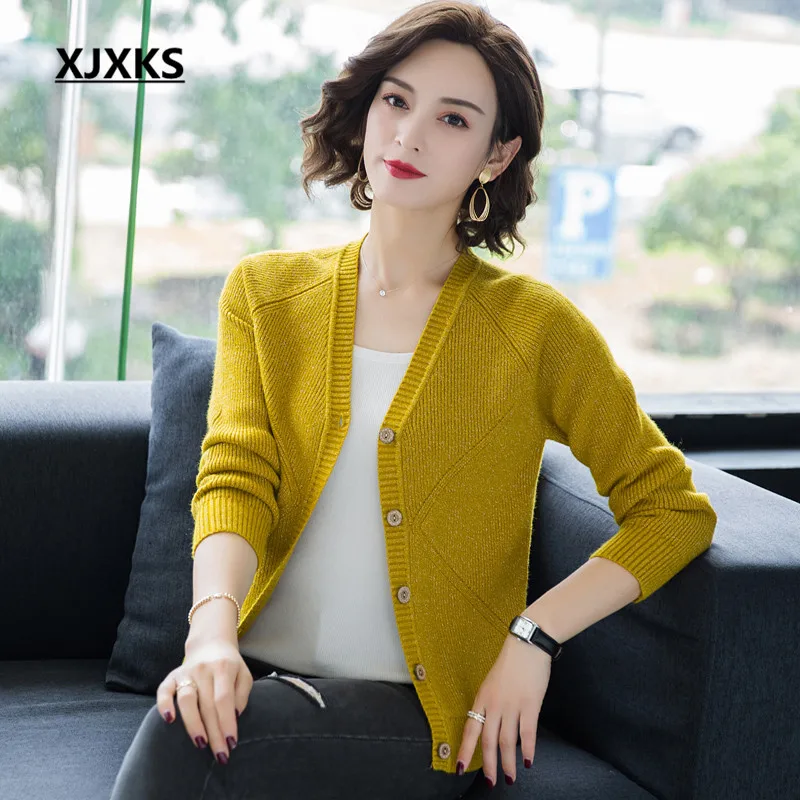 

XJXKS 2019 autumn winter new fashion V-neck cashmere knitted cardigan women's sweater all-match women's cardigan sweater