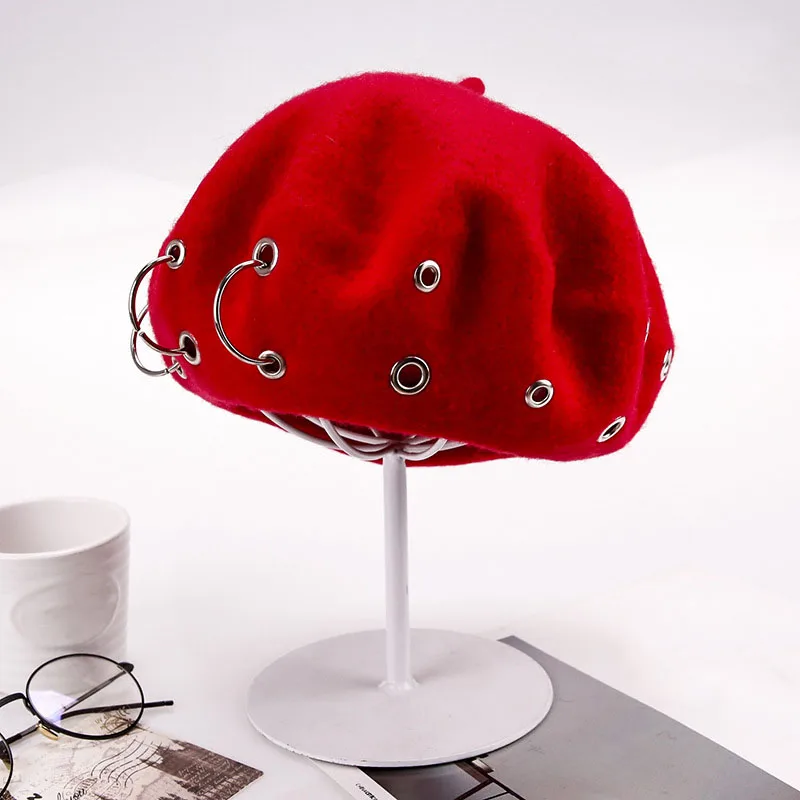Для женщин полушерстяной Модный берет шапка сплошной цвет громоздкие зимние шапки панк обруч Винтаж художника шляпа капот шапки для девочек Женский - Цвет: Red
