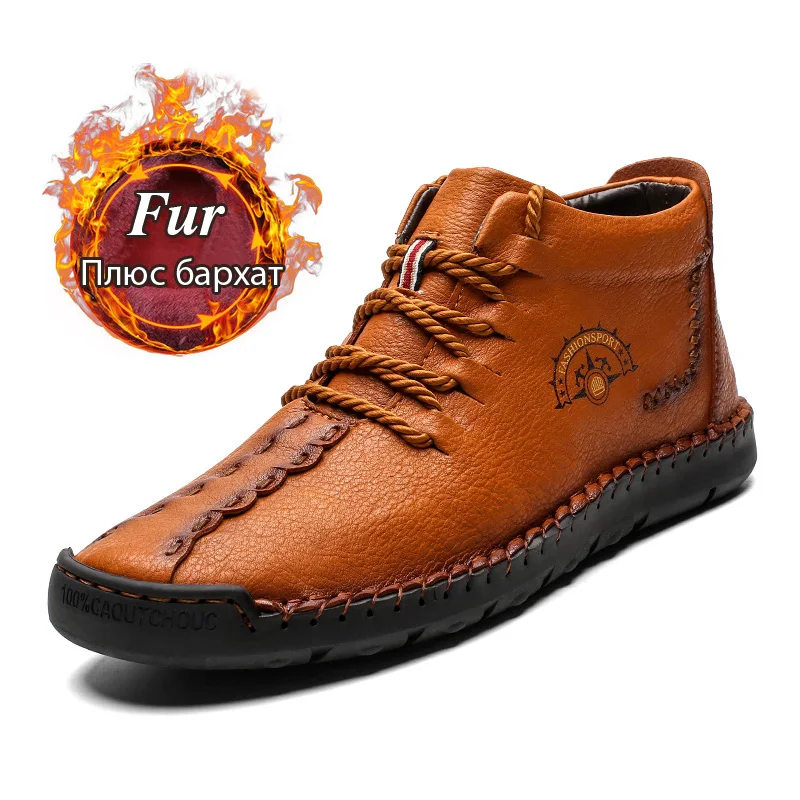 Fur Red Brown Fhlyiy/брендовые ботинки; мужские уличные модные мужские ботинки; кожаные теплые плюшевые зимние/ботильоны; зимняя кожаная обувь; Zapatos De Hombre - Цвет: Fur Red Brown