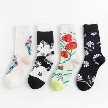 

Girl Patterned Print Socks Harajuku Long Socks Cotton Women's High Socks Set Fall Winter Art Sox Floral Hosiery sale 4 Pairs/lot