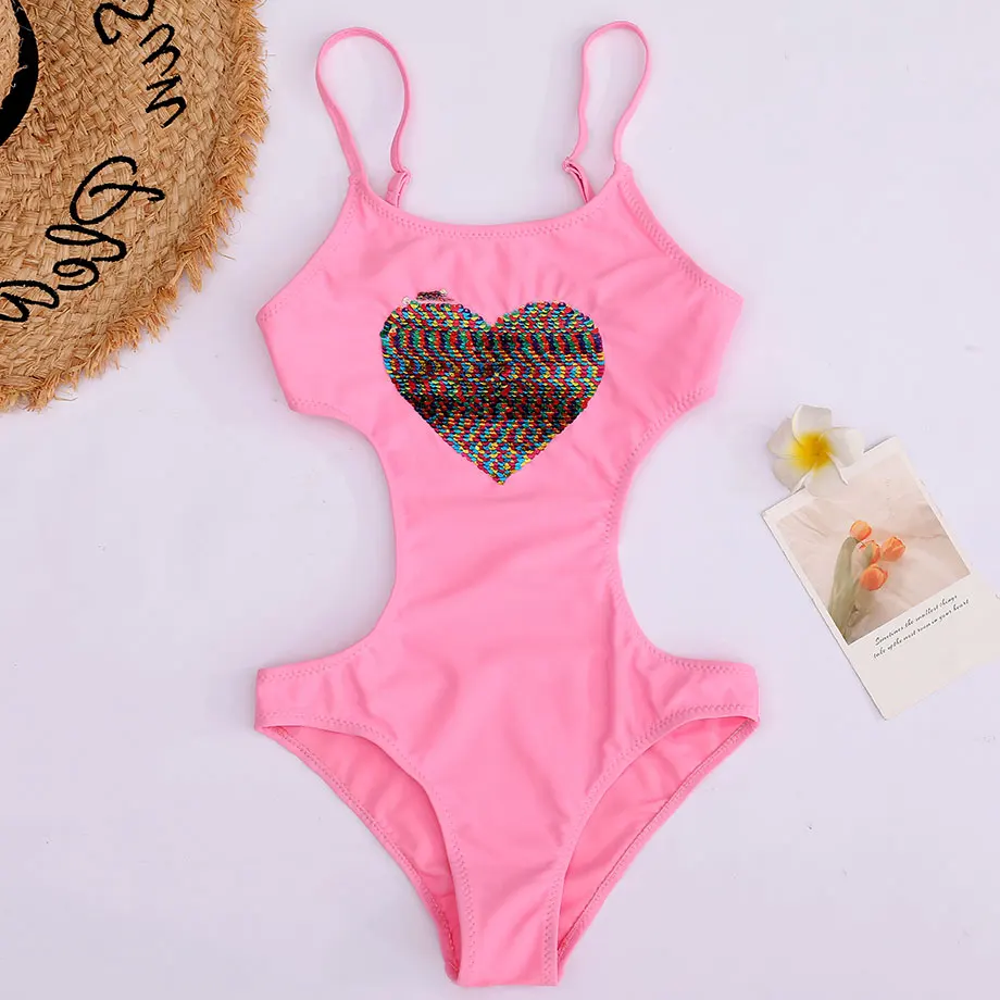 Женский слитный купальник с блестками и сердечками для девочек