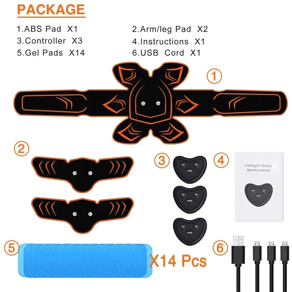 1set and 14ps gel ABS стимулятор мышц Тонер перезаряжаемый брюшной тонизирующий пояс, EMS тренажер мышц живота фитнес с 6 режимами 10 уровней пояс - Цвет: 1set and 14ps gel