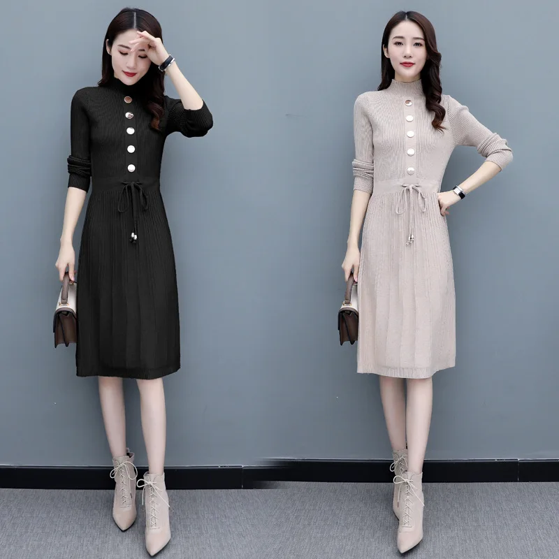

2019 New Style WOMEN'S Sweater Skirt Fashion Waist Slimming Base Jersey Dress Women's Autumn And Winter
