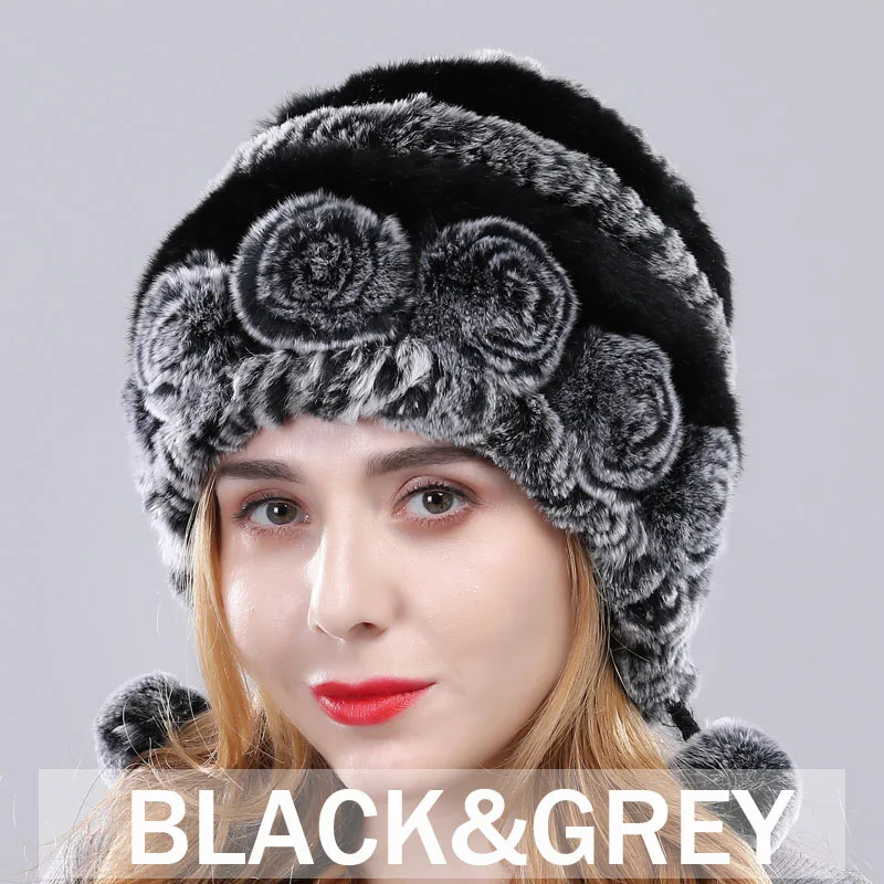 Новое поступление, женская шапка с наушниками из натурального меха, женские шапки из натурального меха кролика Рекс, шапка, русская зимняя теплая шапка из натурального меха - Цвет: black grey