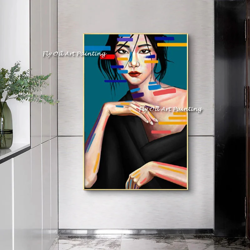 

The Latest Handmade Abstract Style Girl Portrait Oil Painting On Canvas for Decoration Women Sexy Face Painting Black Clothes