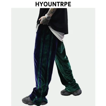 

Bottom Zipper Velvet Wide Leg Pants Men Side Spliced Stripe Straight Trouser Loose Casual Elastic Waist Pants Hip Hop Streetwear