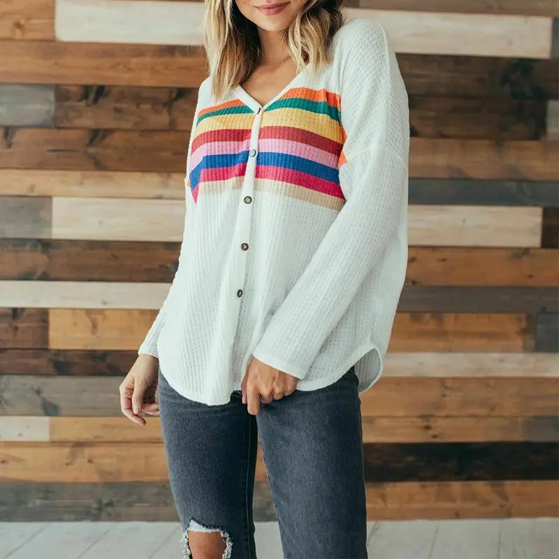

Women Rainbow Cardigan V Neck Long Sleeve Single Breasted Button Loose Slim Coat