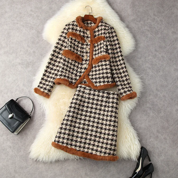 

European and American women's clothing winter 2022 new Long-sleeved patchwork fox fur coat Plaid skirt fashion Tweed suit
