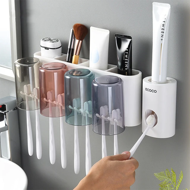 New Multifunctional Toothbrush Holder With Cups Toothpaste Dispenser Wall Mount Storage Rack Tools Set Bathroom Accessories 3