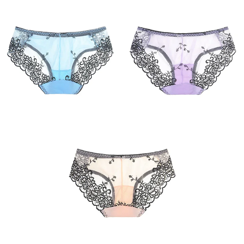 blue purple nude 3 шт., нижнее белье для женщин, сексуальные кружевные сетчатые трусики, одноцветные вышитые трусы, женское нижнее белье, женские трусики, сексуальные новые M-XL, BANNIROU - Цвет: blue purple nude