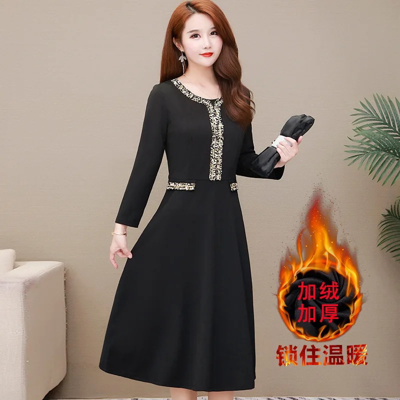 

2019 Autumn And Winter New Style French Retro Black And White with Pattern Versatile plus Velvet Dress Women's Hepburn Wind Blac