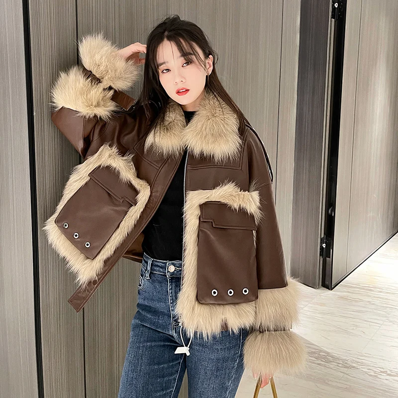 

PU Leather Splice Fur Coats Women 2021 New Faux Fox Fur Jackets Fashion Locomotive Jacket Coat Bomber Young People Fur Outwear