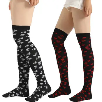 

Women Girls Fancy Halloween Over Knee High Stockings Skull Printed Cosplay Party Costume Stretchy Long Casual Wear