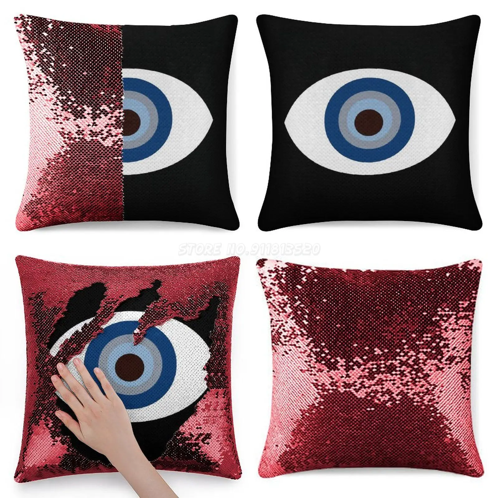 Evil Eye Sequin Pillowcase Magical Cushions Cover 40X40cm Mermaid Greek Hamsa Blue Hipster Spirit Symbol Boh | Дом и сад