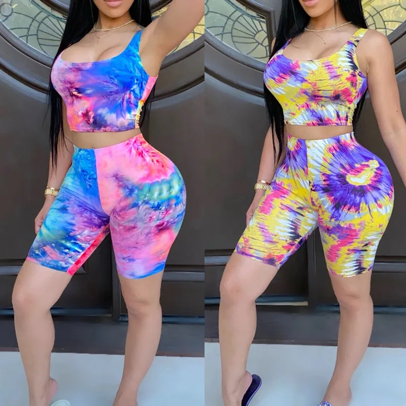 

Tie Dyeing Print Women Sports Suit Sleeveless Strap Crop Top High Waist Biker Shorts Pants Workout Clothes Tracksuit Outfit 2020