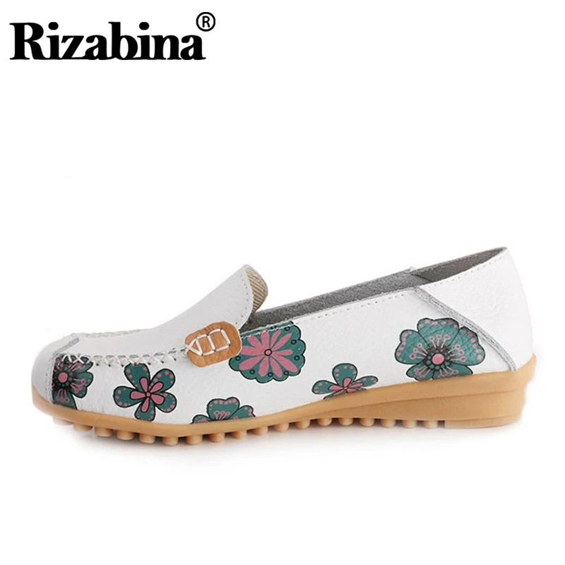 

RIZABINA Women Print Real Leather Flats Mother Shoes Print Slip On Loafers Shoes Fashion Daily Leisure Shoes Women Size 35-41