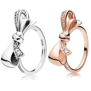 

Authentic 925 Sterling Silver Ring Brilliant Bow With Crystal Rings For Women Wedding Party Gift Fine Jewelry