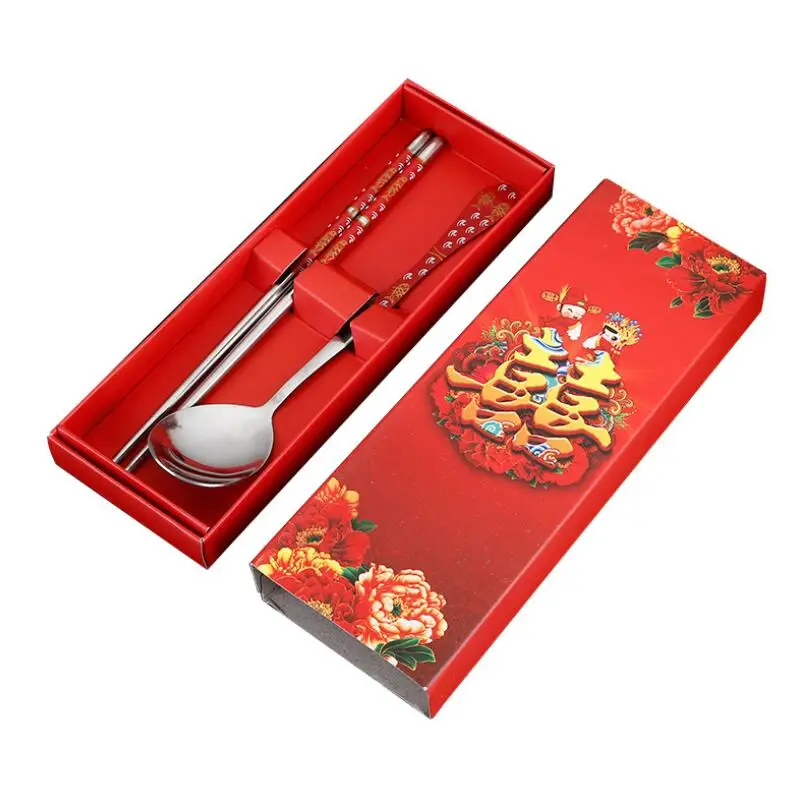 Wedding Party Gifts Double Happiness Red Color Stainless Steel Dinnerware Spoons Chopstick Sets LX8288