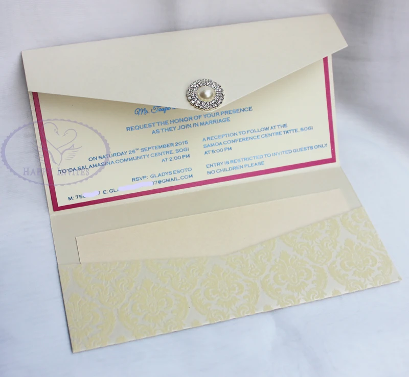 HI6009-31 Customized Ivory Wedding Card with Blue Foil Writing with Paper Box More Colors Available
