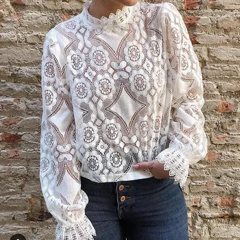 

New Women blouse Elegant white lace shirt Sexy hollow out embroidery blouse long lantern sleeve summer tops female Autumn