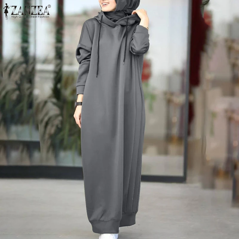 Robe Hoodies Long-Sleeve Winter Plus-Size Womens Maxi Vestidos Drawstring Casual ZANZEA