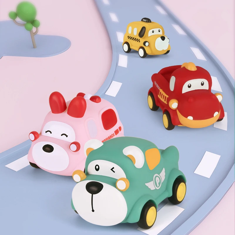Mini coche de dibujos animados Montessori para niños, juguete de coche de goma, regalo de cumpleaños y Navidad