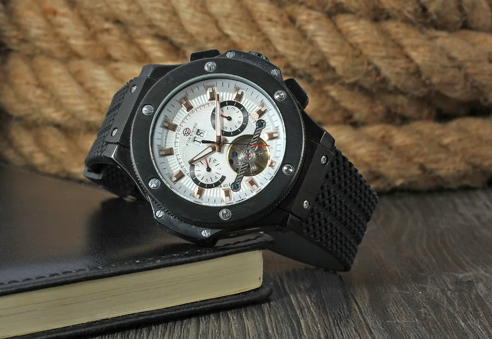 FORSINING Top Brand Luxury Rubber Band Sport Watches Black Case Tourbillon Designer Watch Male Automatic Mechanical Mens Watch