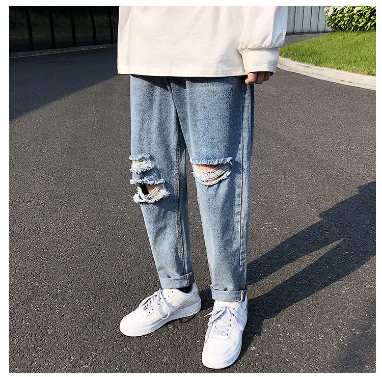 Autumn New Jeans Men Slim Fashion Washed Solid Color Torn Holes Denim Trousers Man Streetwear Wild Hip Hop Jeans Pants Male
