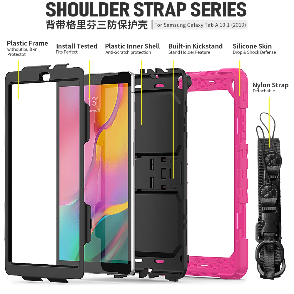 Чехол для планшета для Samsung Galaxy Tab A 10,1 SM-T510 SM-T515 T510 T515 противоударный Heavy Duty с подставкой Повесьте обложка+ ручка+ защитная пленка на экран
