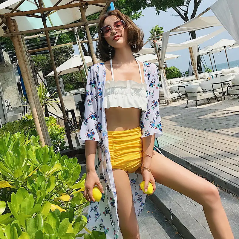 

Couples Bathing Suit Women's Three-piece Set Split Type Boxer Retro High-waisted Small Bust Gathering Sexy Holiday Hot Springs W