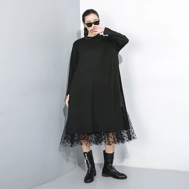 [EAM] Women Black Mesh Dot Split Joint Dress New Stand Collar Long Sleeve Loose Fit Fashion Tide Spring Autumn 2022 1B593 3