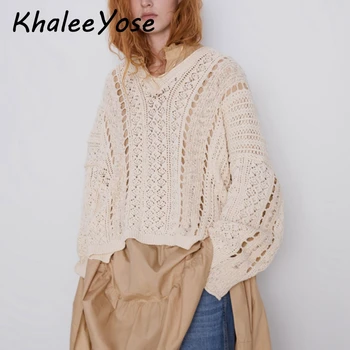 

KHALEE YOSE Oversize Knitted Sweaters Hollow Out Casual Chic Women Pullover Vintage Loose Long Sleeve V-neck Tops Sweater Jumper