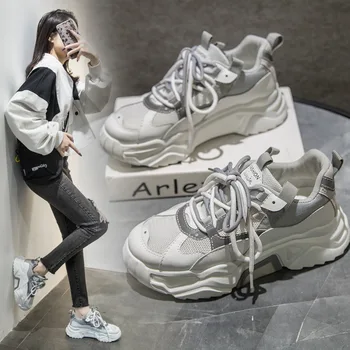 

Women's Chunky Sneakers 2019 Fashion Women Platform Shoes Lace Up Pink Vulcanize Shoes Womens Sneakers Female Trainers Dad Shoes