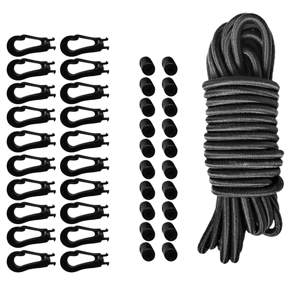 5m/16.4ft 4mm Elastic Bungee Rope Shock Cord Tie Down for Boats Trailers, Black, & 20 Pcs Hooks and 20 Pcs Ends
