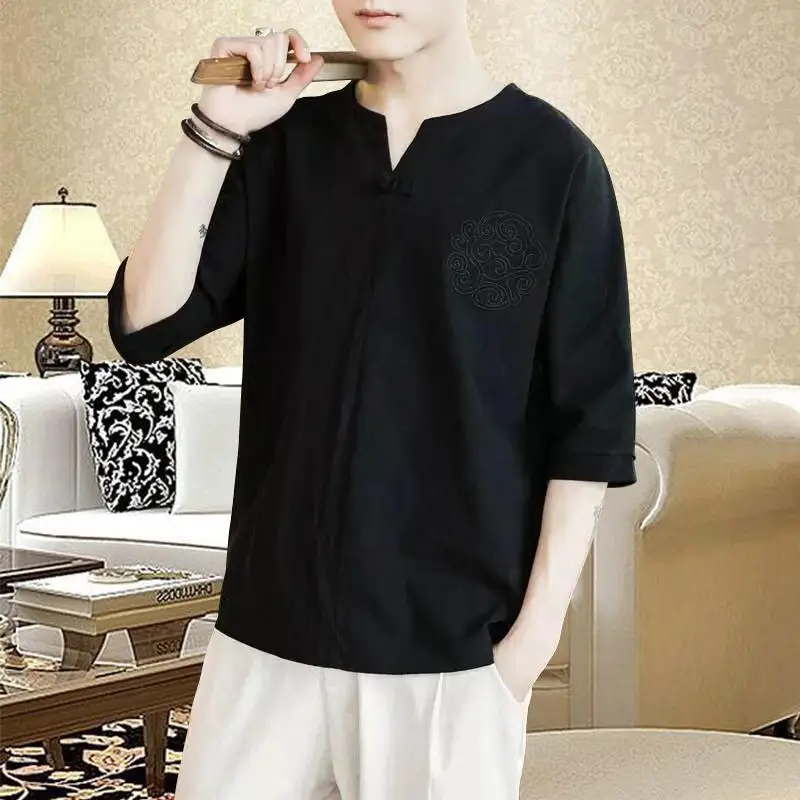 Summer Men Linen Shirt Chinese Style Retro Casual V-neck Tops Plus Size Embroidery Traditional Asian Tang Suit Tops for Man