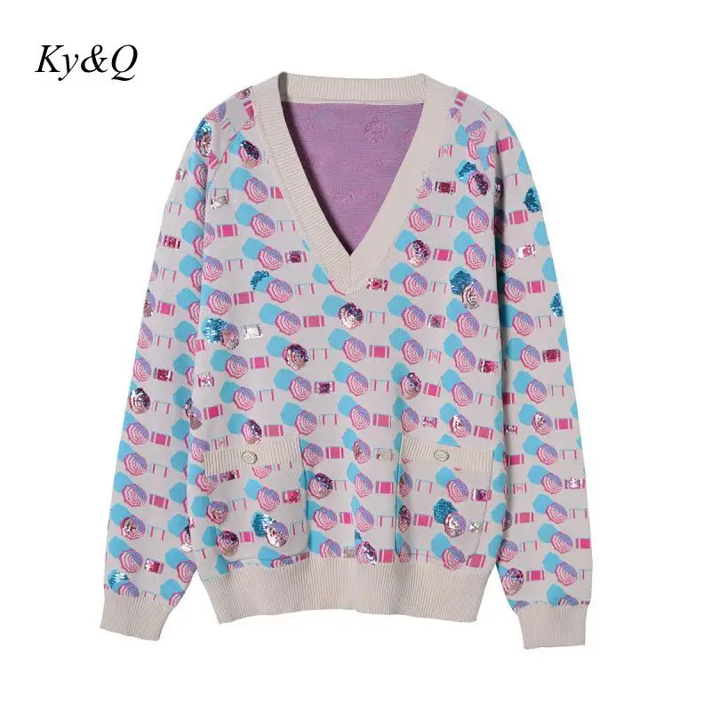 Женский трикотажный пуловер с V-образным вырезом и блестками | Женская одежда